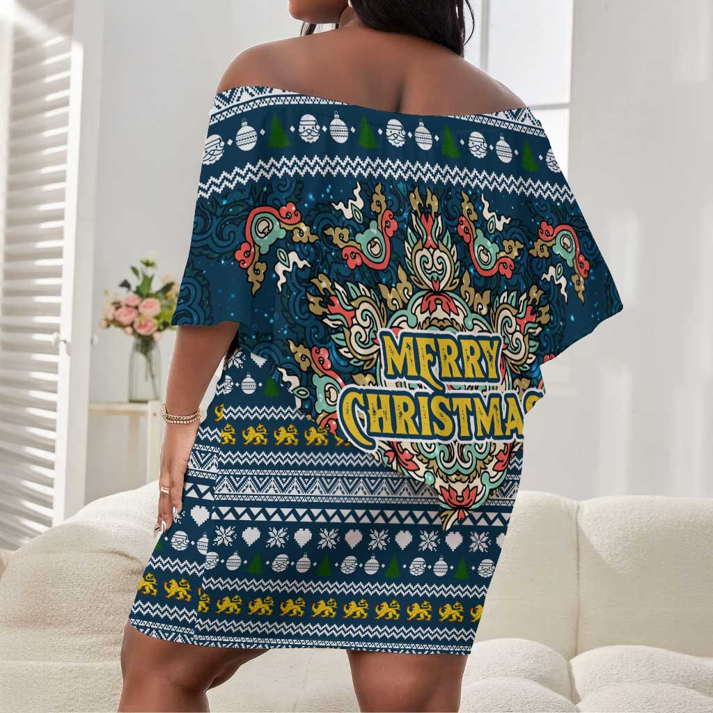 Sierra Leone Christmas Off Shoulder Short Dress Ornamental Coat of Arms and Festive Motif - African Pride