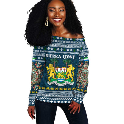 Sierra Leone Christmas Off Shoulder Sweater Ornamental Coat of Arms and Festive Motif - African Pride