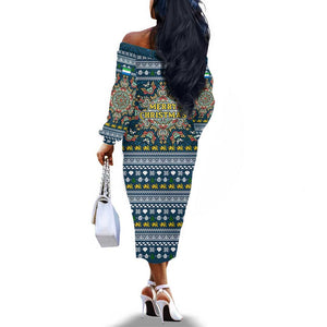 Sierra Leone Christmas Off The Shoulder Long Sleeve Dress Ornamental Coat of Arms and Festive Motif - African Pride