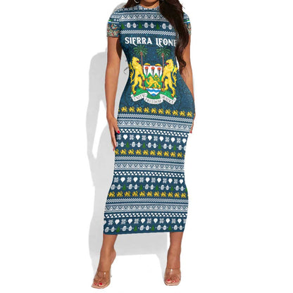 Sierra Leone Christmas Short Sleeve Bodycon Dress Ornamental Coat of Arms and Festive Motif - African Pride