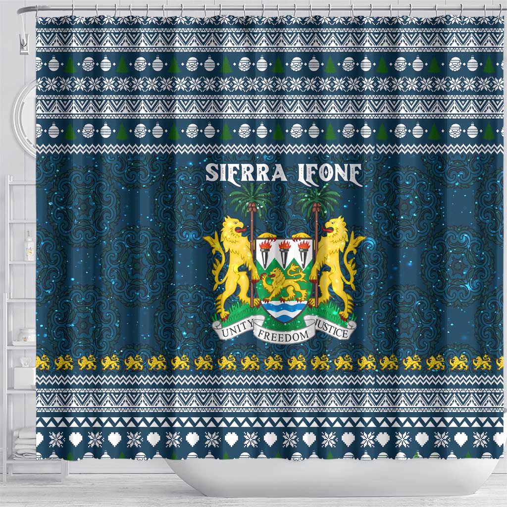 Sierra Leone Christmas Shower Curtain Ornamental Coat of Arms and Festive Motif - African Pride