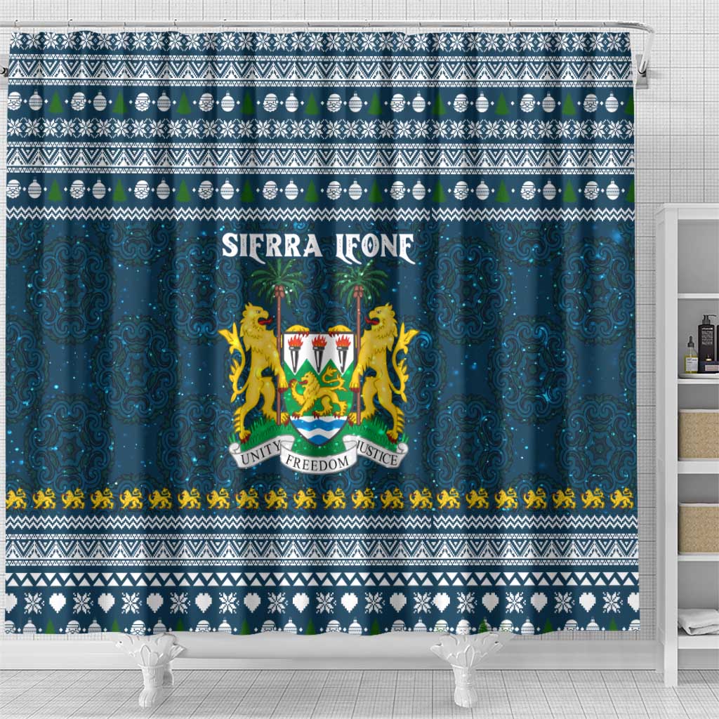 Sierra Leone Christmas Shower Curtain Ornamental Coat of Arms and Festive Motif - African Pride