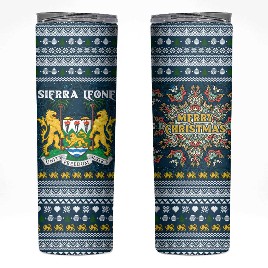 Sierra Leone Christmas Skinny Tumbler Ornamental Coat of Arms and Festive Motif - African Pride