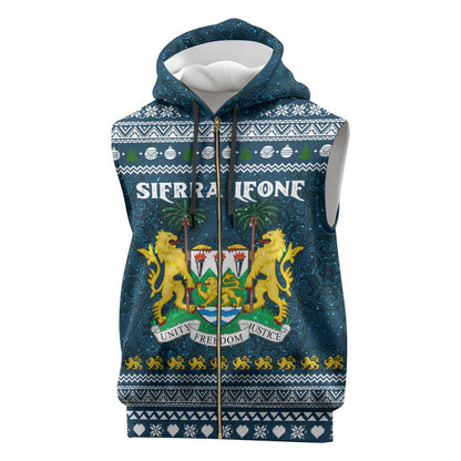 Sierra Leone Christmas Sleeveless Zip Hoodie Ornamental Coat of Arms and Festive Motif - African Pride