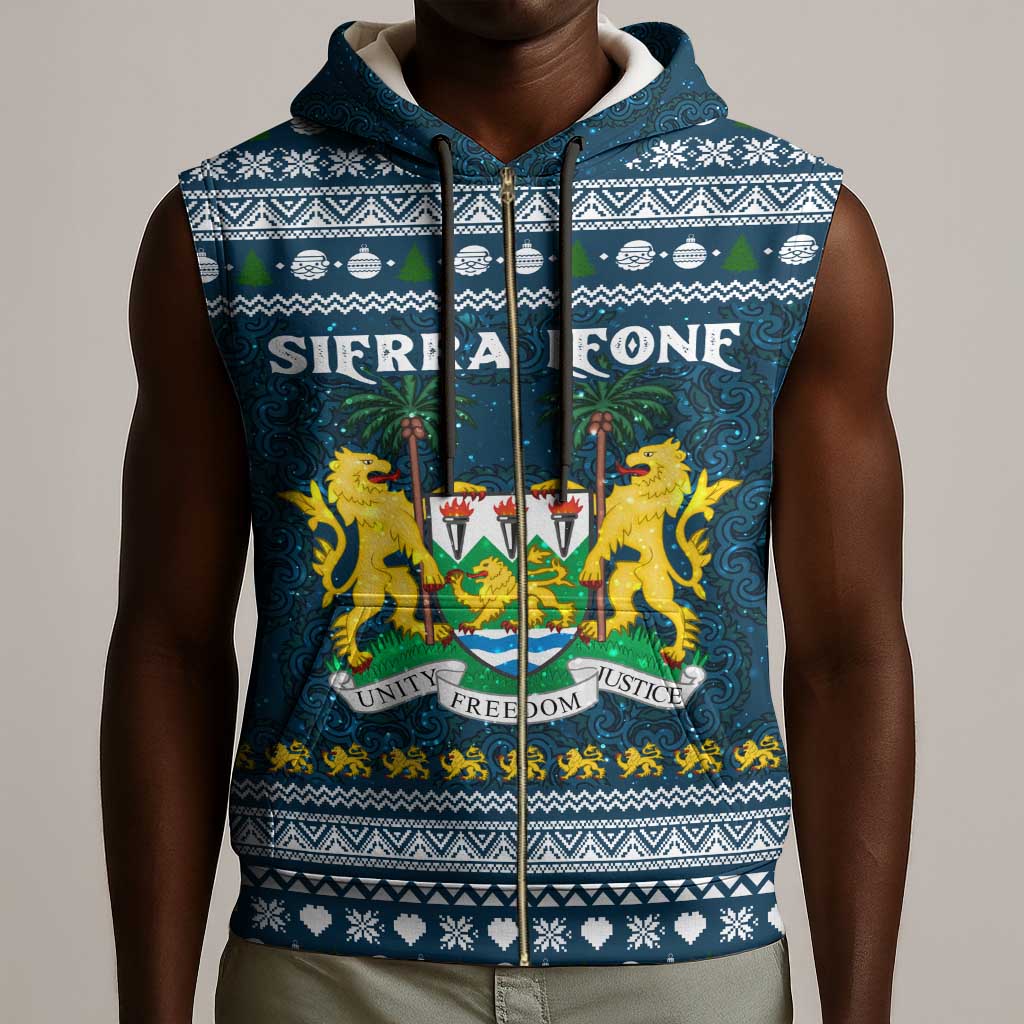 Sierra Leone Christmas Sleeveless Zip Hoodie Ornamental Coat of Arms and Festive Motif - African Pride