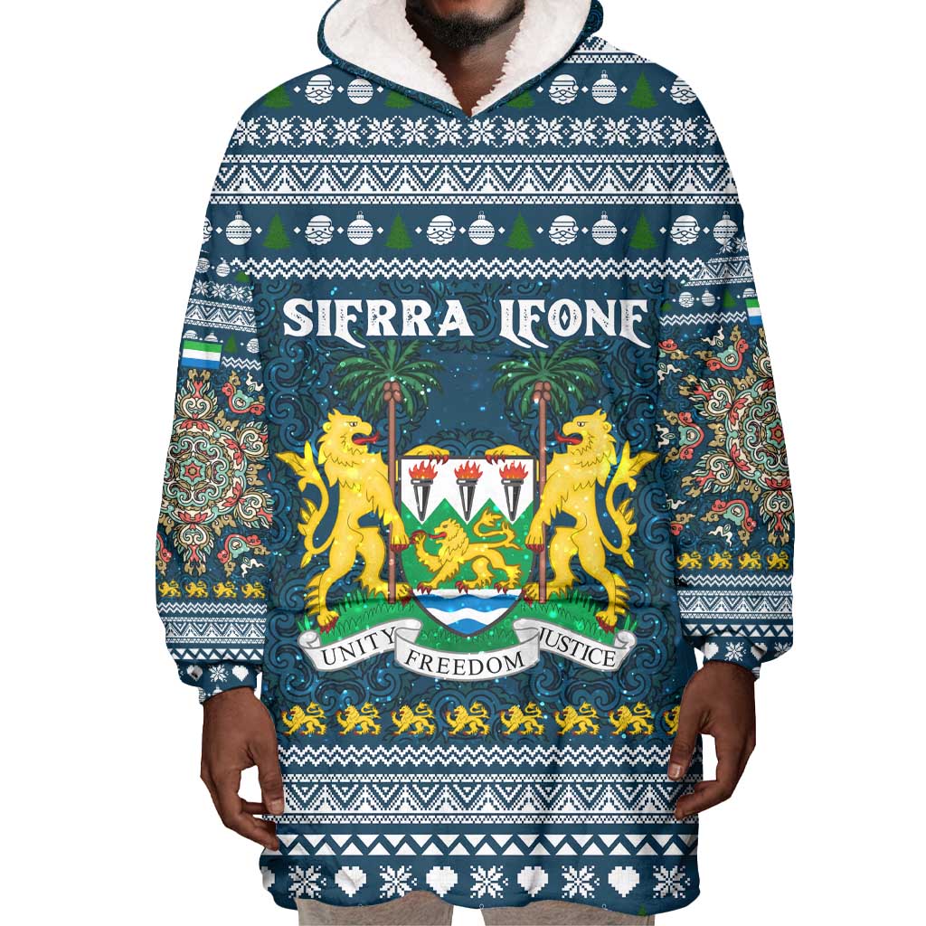 Sierra Leone Christmas Wearable Blanket Hoodie Ornamental Coat of Arms and Festive Motif - African Pride