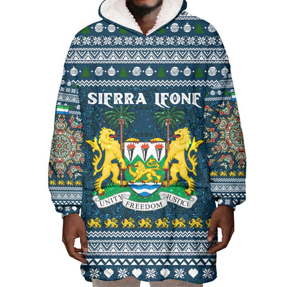 Sierra Leone Christmas Wearable Blanket Hoodie Ornamental Coat of Arms and Festive Motif - African Pride