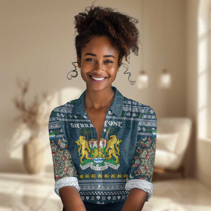 Sierra Leone Christmas Women Casual Shirt Ornamental Coat of Arms and Festive Motif - African Pride