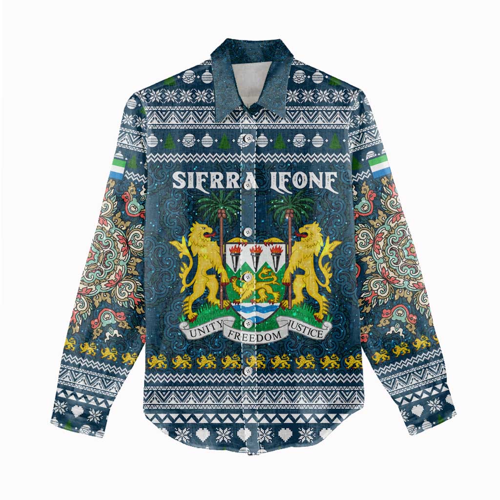 Sierra Leone Christmas Women Casual Shirt Ornamental Coat of Arms and Festive Motif - African Pride