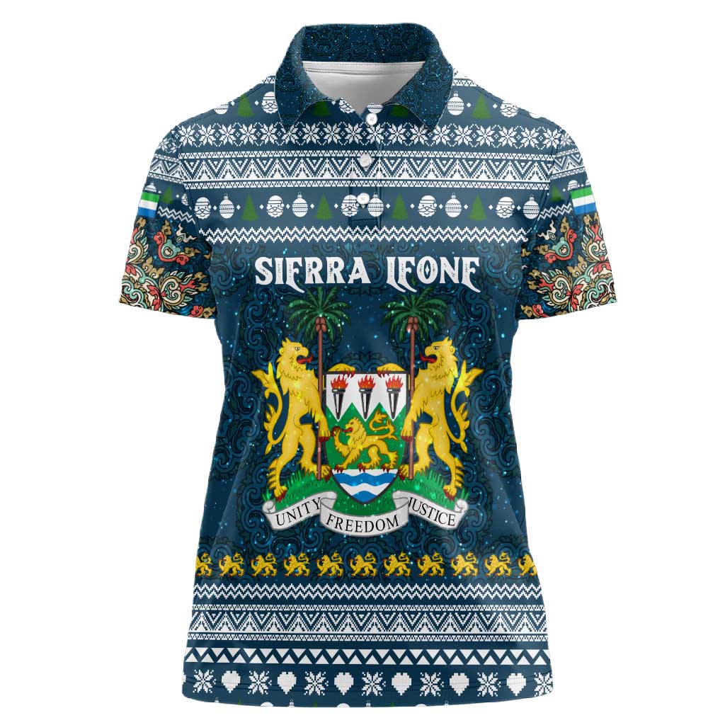 Sierra Leone Christmas Women Polo Shirt Ornamental Coat of Arms and Festive Motif - African Pride