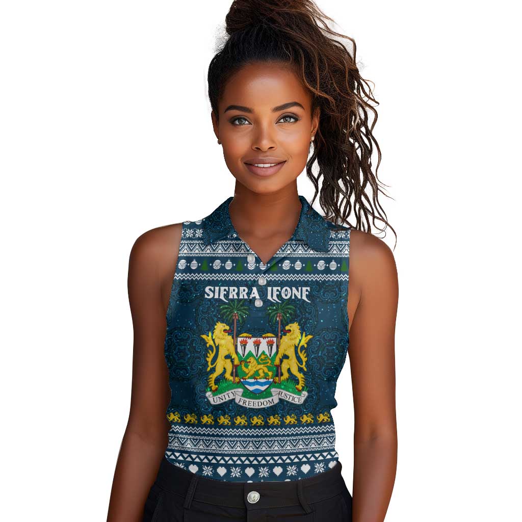 Sierra Leone Christmas Women Sleeveless Polo Shirt Ornamental Coat of Arms and Festive Motif - African Pride