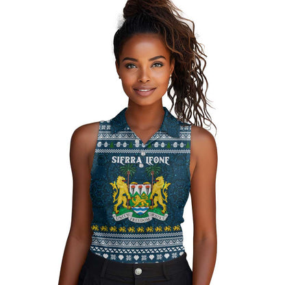 Sierra Leone Christmas Women Sleeveless Polo Shirt Ornamental Coat of Arms and Festive Motif - African Pride
