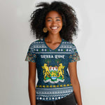 Sierra Leone Christmas Women V-Neck T-Shirt Ornamental Coat of Arms and Festive Motif - African Pride
