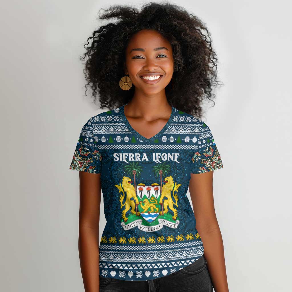 Sierra Leone Christmas Women V-Neck T-Shirt Ornamental Coat of Arms and Festive Motif - African Pride