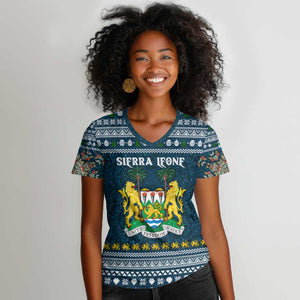 Sierra Leone Christmas Women V-Neck T-Shirt Ornamental Coat of Arms and Festive Motif - African Pride