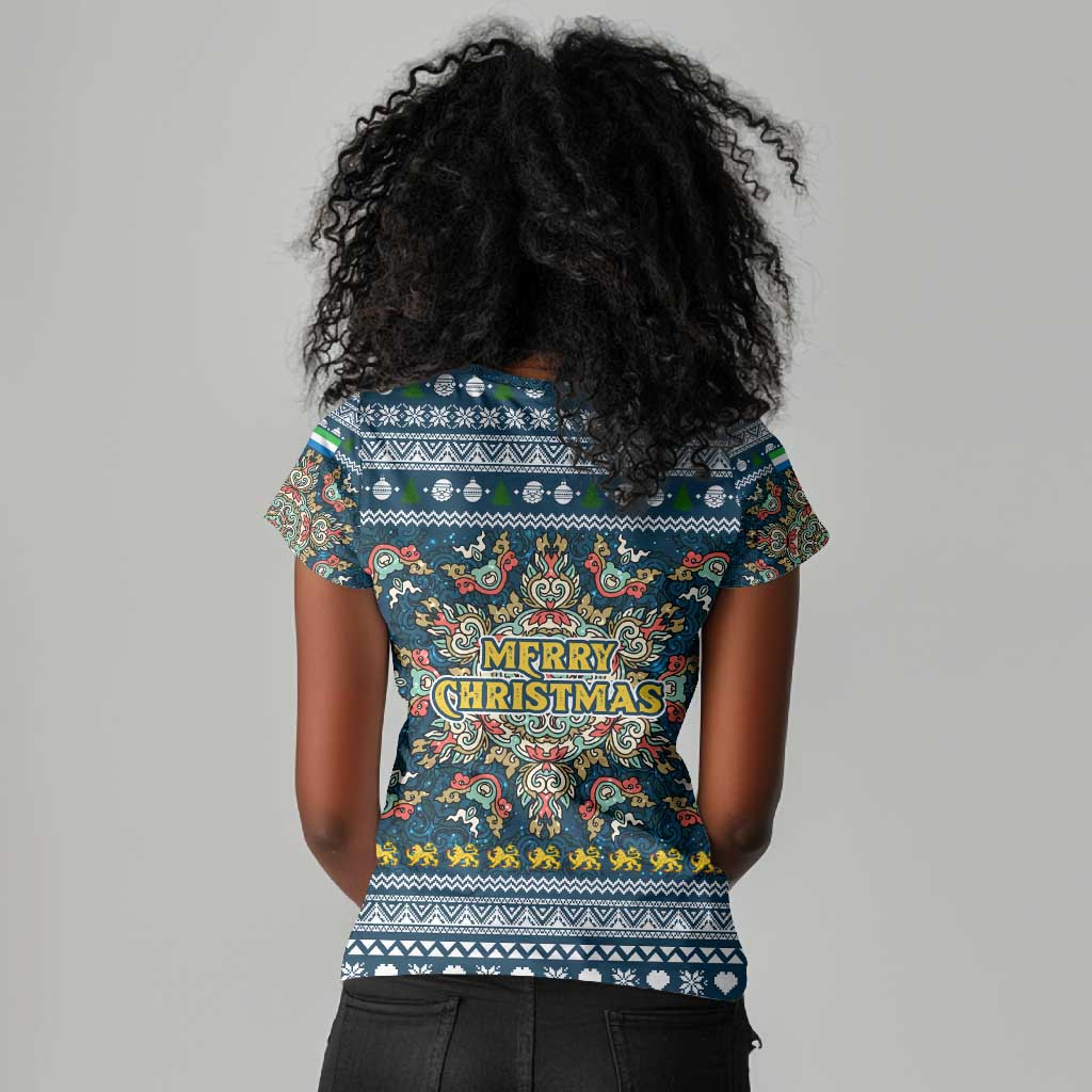 Sierra Leone Christmas Women V-Neck T-Shirt Ornamental Coat of Arms and Festive Motif - African Pride