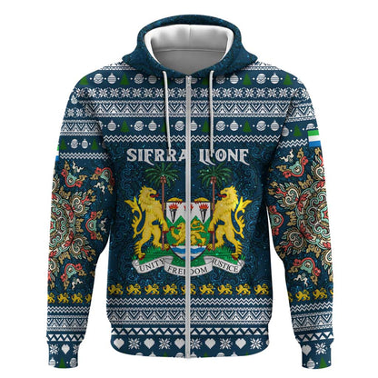 Sierra Leone Christmas Zip Hoodie Ornamental Coat of Arms and Festive Motif - African Pride