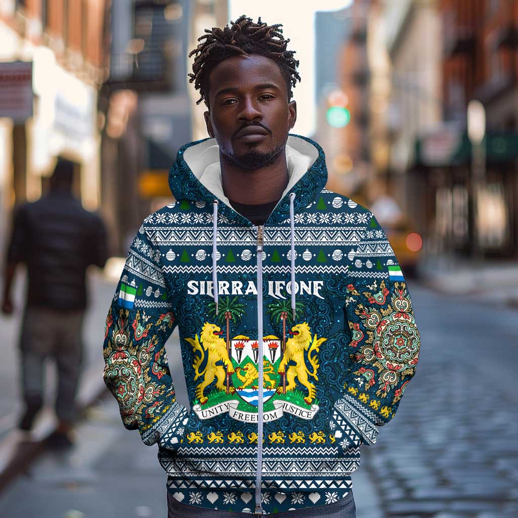 Sierra Leone Christmas Zip Hoodie Ornamental Coat of Arms and Festive Motif - African Pride