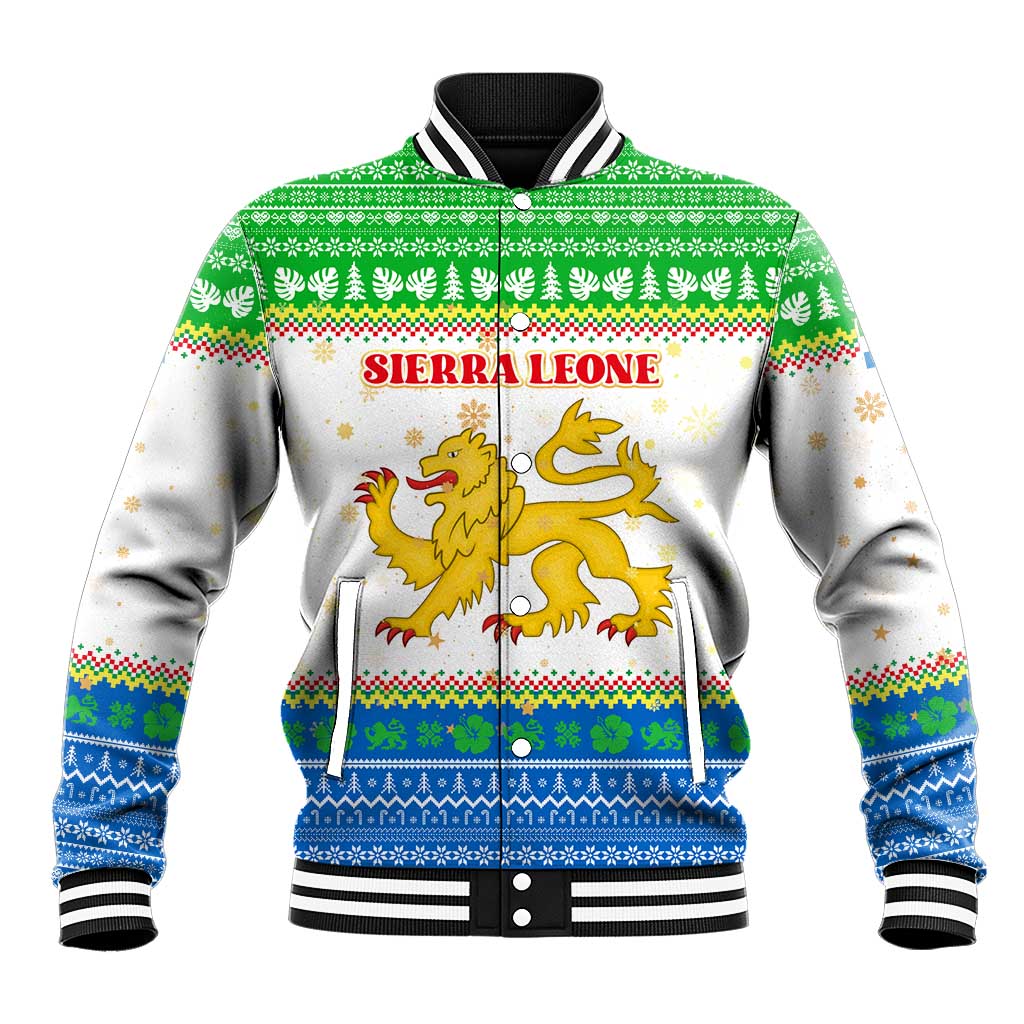 Sierra Leone Christmas Baseball Jacket Festive Pattern Golden Lion Emblem and Santa Sleigh - African Pride