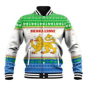 Sierra Leone Christmas Baseball Jacket Festive Pattern Golden Lion Emblem and Santa Sleigh - African Pride