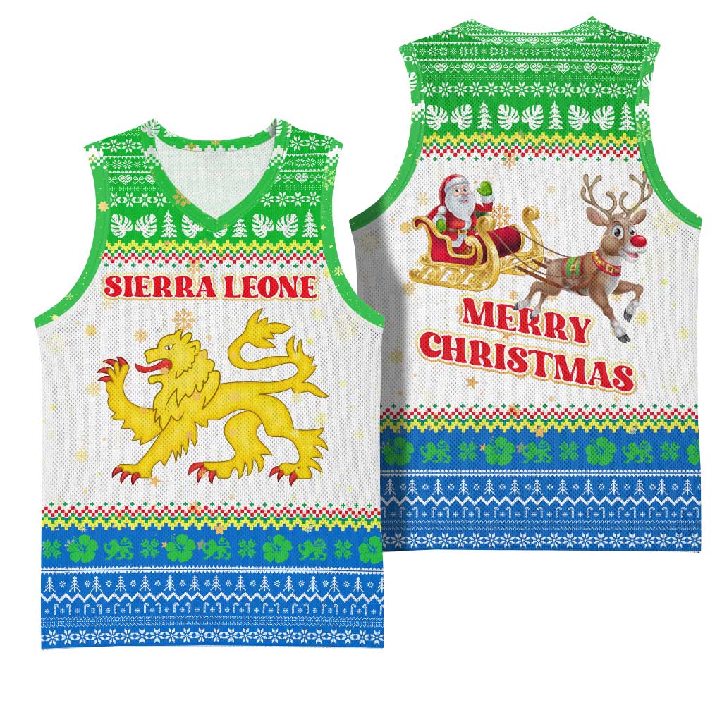 Sierra Leone Christmas Basketball Jersey Festive Pattern Golden Lion Emblem and Santa Sleigh - African Pride