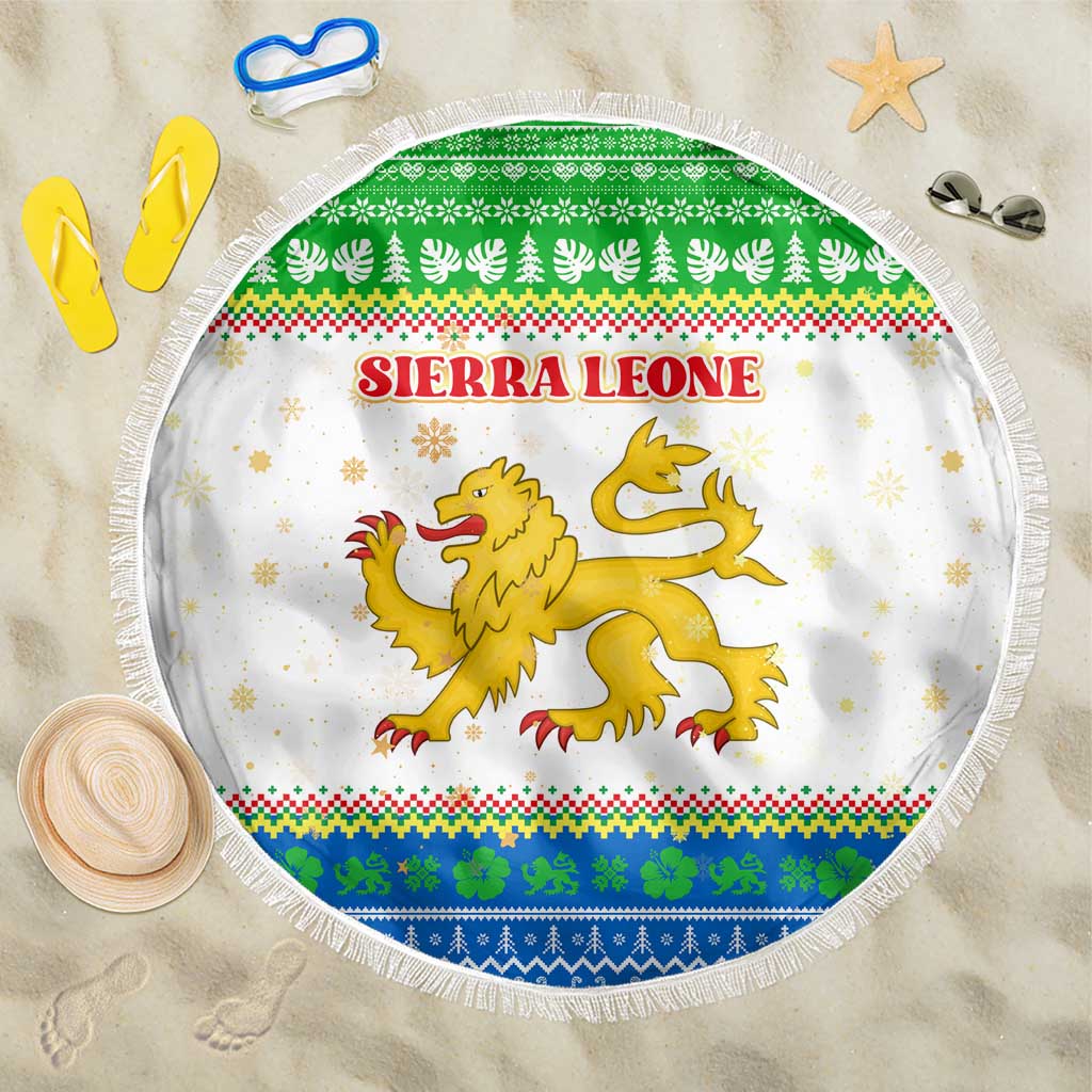 Sierra Leone Christmas Beach Blanket Festive Pattern Golden Lion Emblem and Santa Sleigh - African Pride