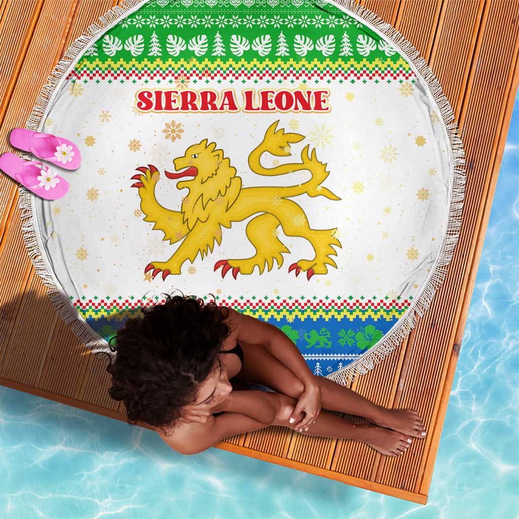 Sierra Leone Christmas Beach Blanket Festive Pattern Golden Lion Emblem and Santa Sleigh - African Pride