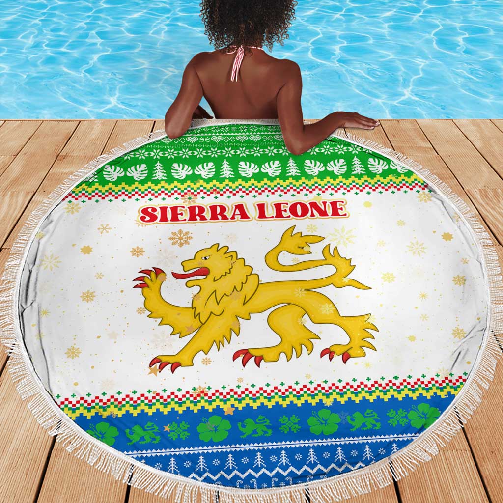 Sierra Leone Christmas Beach Blanket Festive Pattern Golden Lion Emblem and Santa Sleigh - African Pride