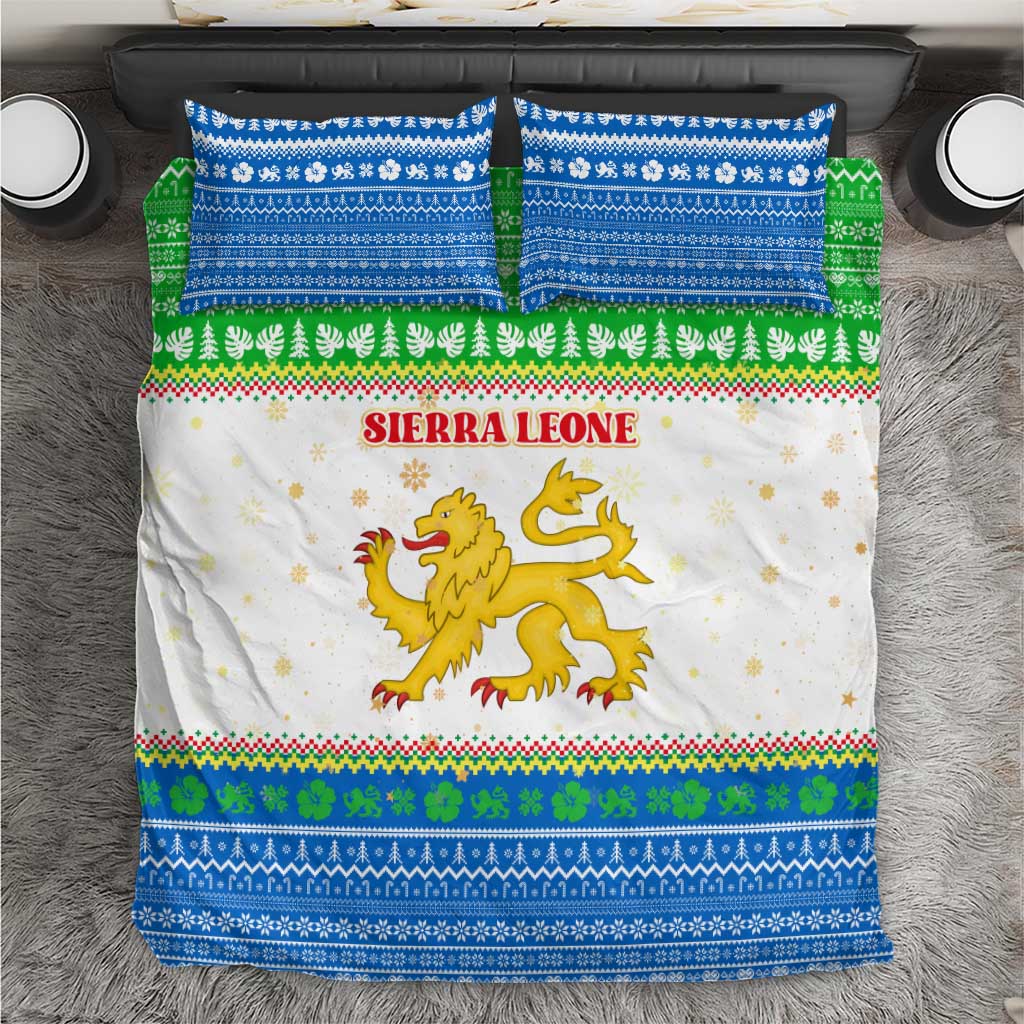 Sierra Leone Christmas Bedding Set Festive Pattern Golden Lion Emblem and Santa Sleigh - African Pride