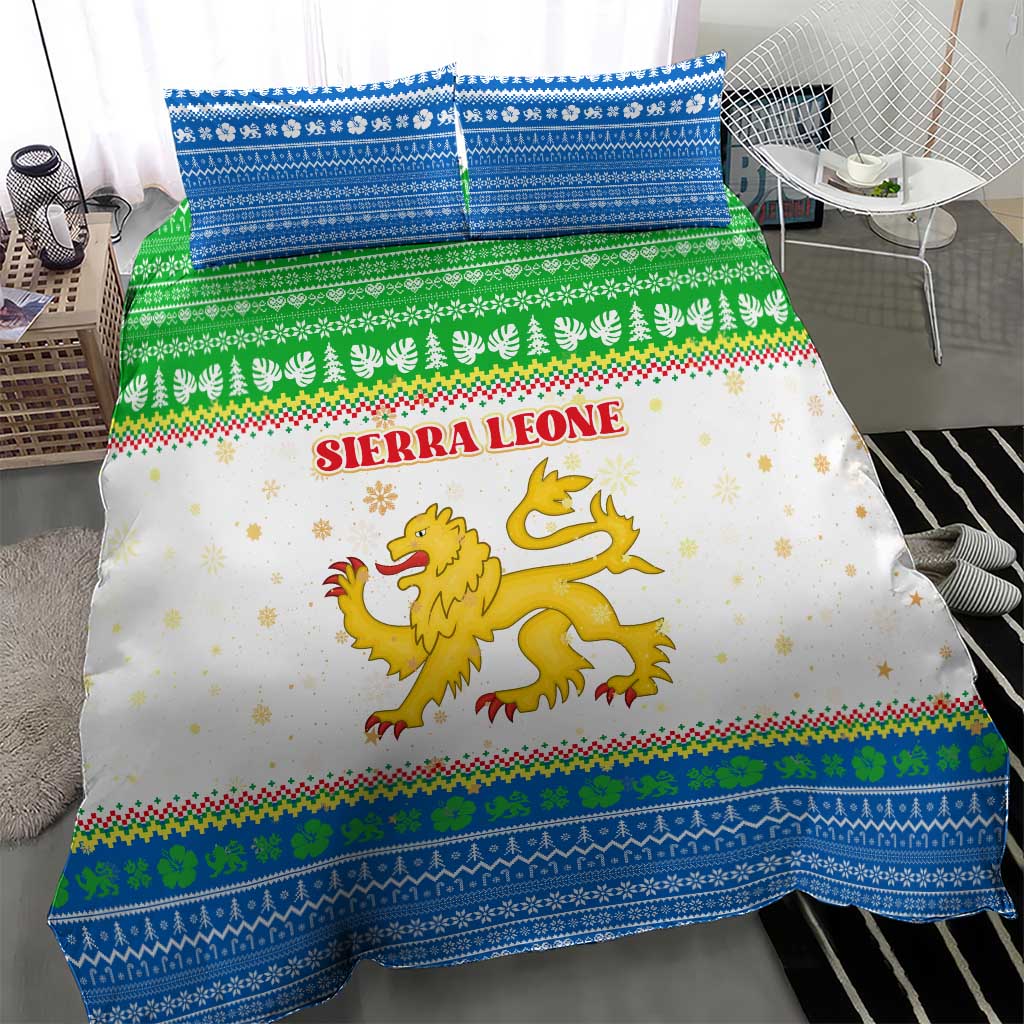 Sierra Leone Christmas Bedding Set Festive Pattern Golden Lion Emblem and Santa Sleigh - African Pride
