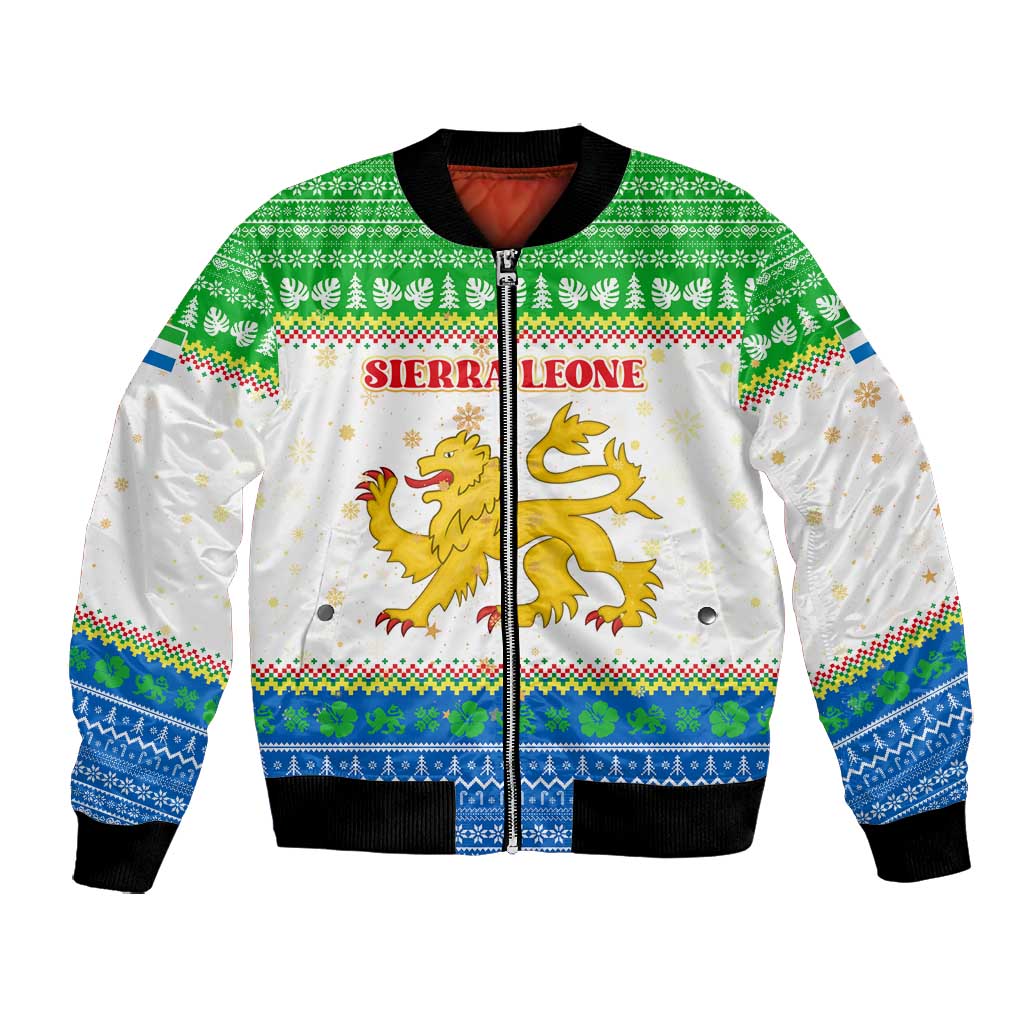 Sierra Leone Christmas Bomber Jacket Festive Pattern Golden Lion Emblem and Santa Sleigh - African Pride