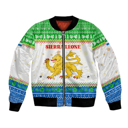 Sierra Leone Christmas Bomber Jacket Festive Pattern Golden Lion Emblem and Santa Sleigh - African Pride