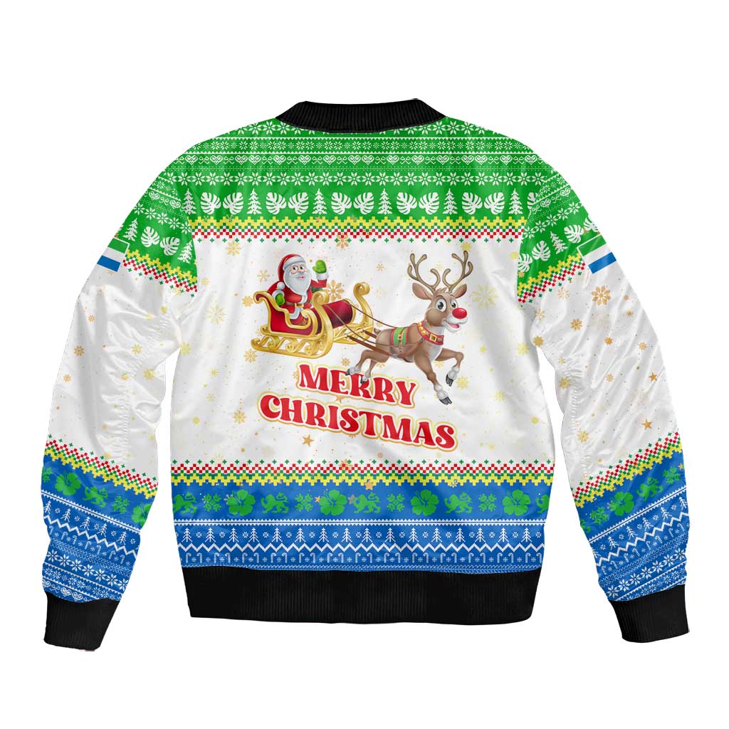 Sierra Leone Christmas Bomber Jacket Festive Pattern Golden Lion Emblem and Santa Sleigh - African Pride