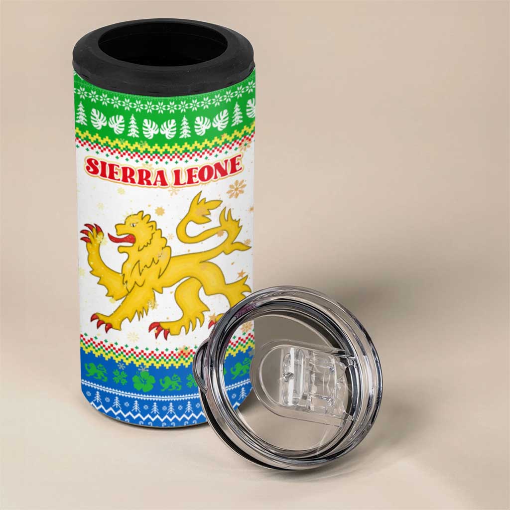 Sierra Leone Christmas 4 in 1 Can Cooler Tumbler Festive Pattern Golden Lion Emblem and Santa Sleigh - African Pride