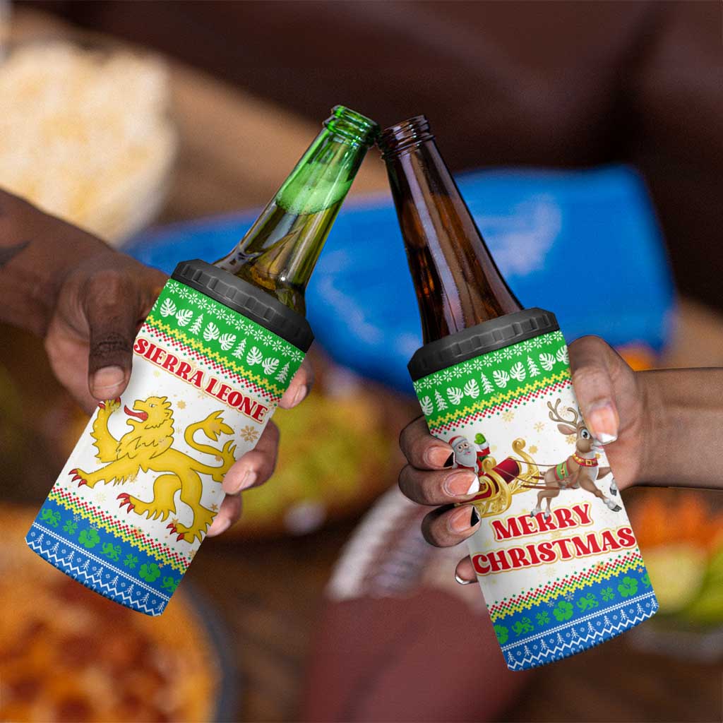 Sierra Leone Christmas 4 in 1 Can Cooler Tumbler Festive Pattern Golden Lion Emblem and Santa Sleigh - African Pride