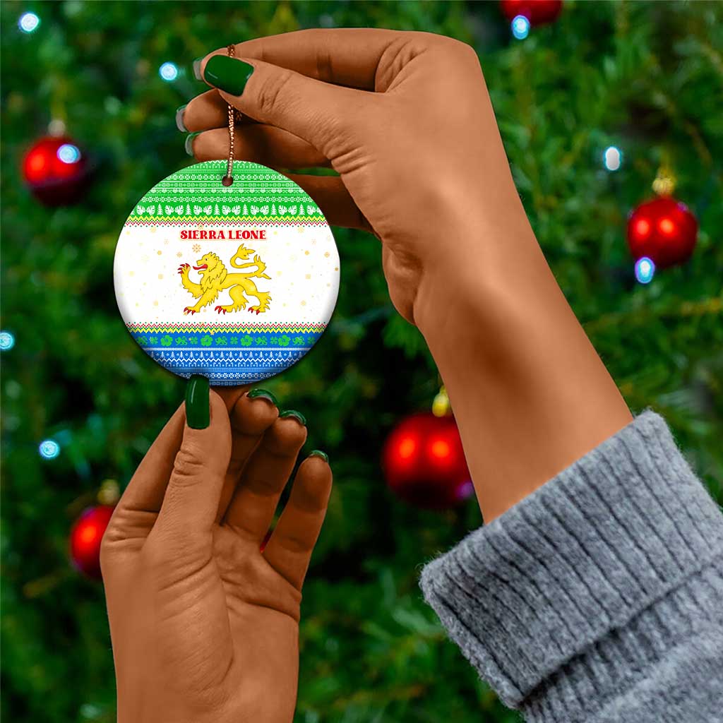 Sierra Leone Christmas Ceramic Ornament Festive Pattern Golden Lion Emblem and Santa Sleigh - African Pride