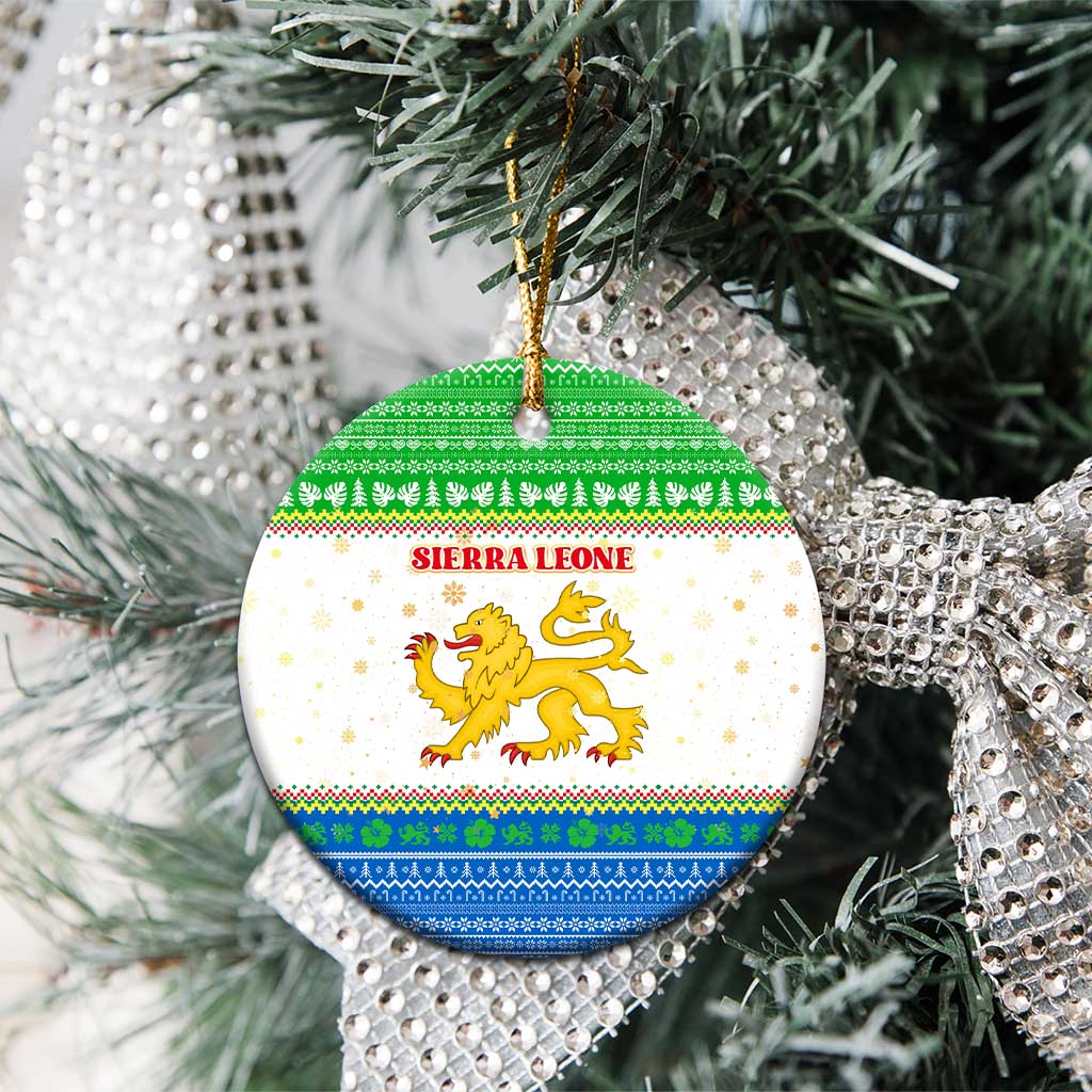 Sierra Leone Christmas Ceramic Ornament Festive Pattern Golden Lion Emblem and Santa Sleigh - African Pride