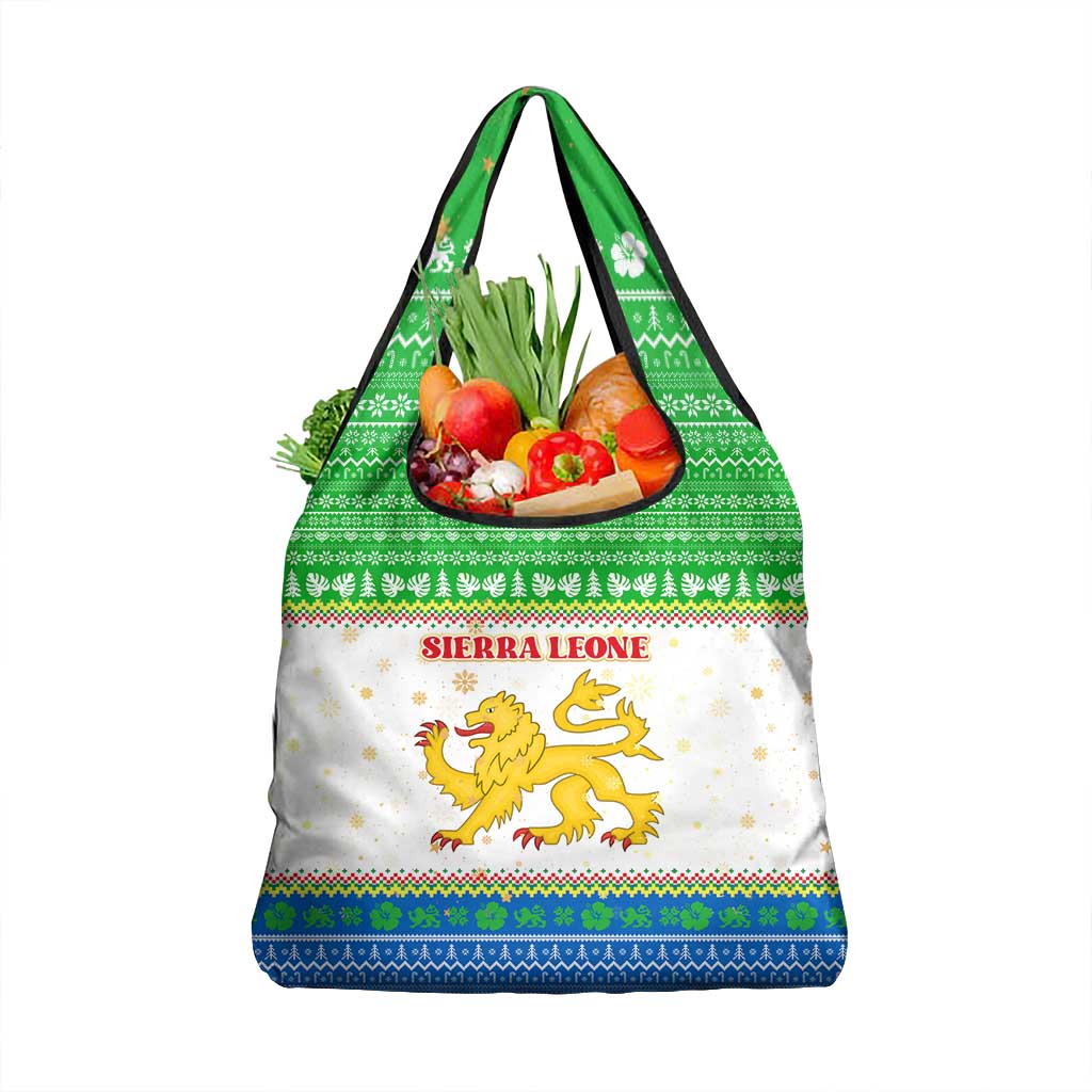 Sierra Leone Christmas Grocery Bag Festive Pattern Golden Lion Emblem and Santa Sleigh - African Pride