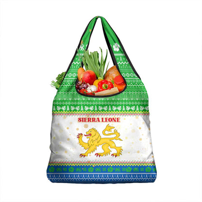 Sierra Leone Christmas Grocery Bag Festive Pattern Golden Lion Emblem and Santa Sleigh - African Pride