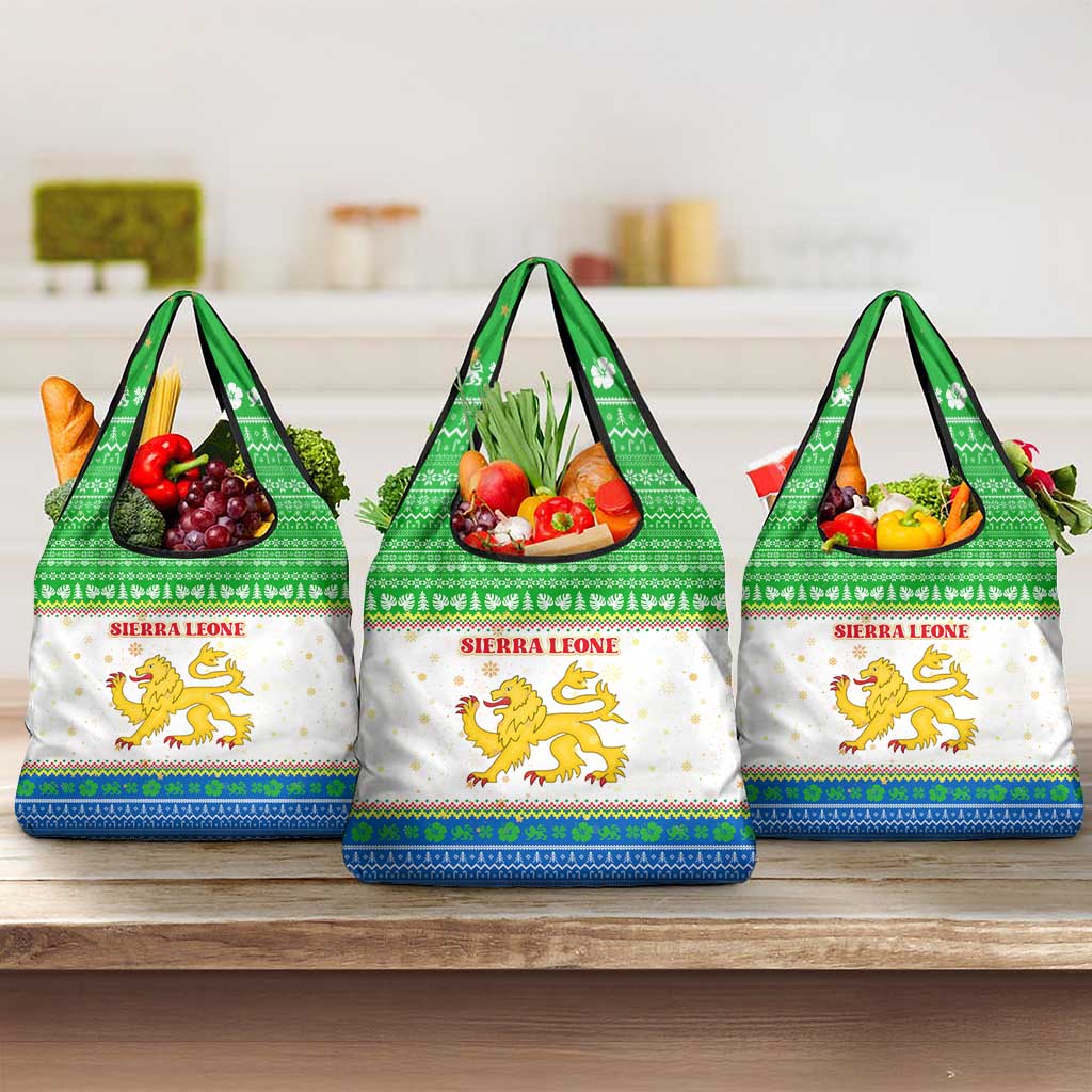 Sierra Leone Christmas Grocery Bag Festive Pattern Golden Lion Emblem and Santa Sleigh - African Pride