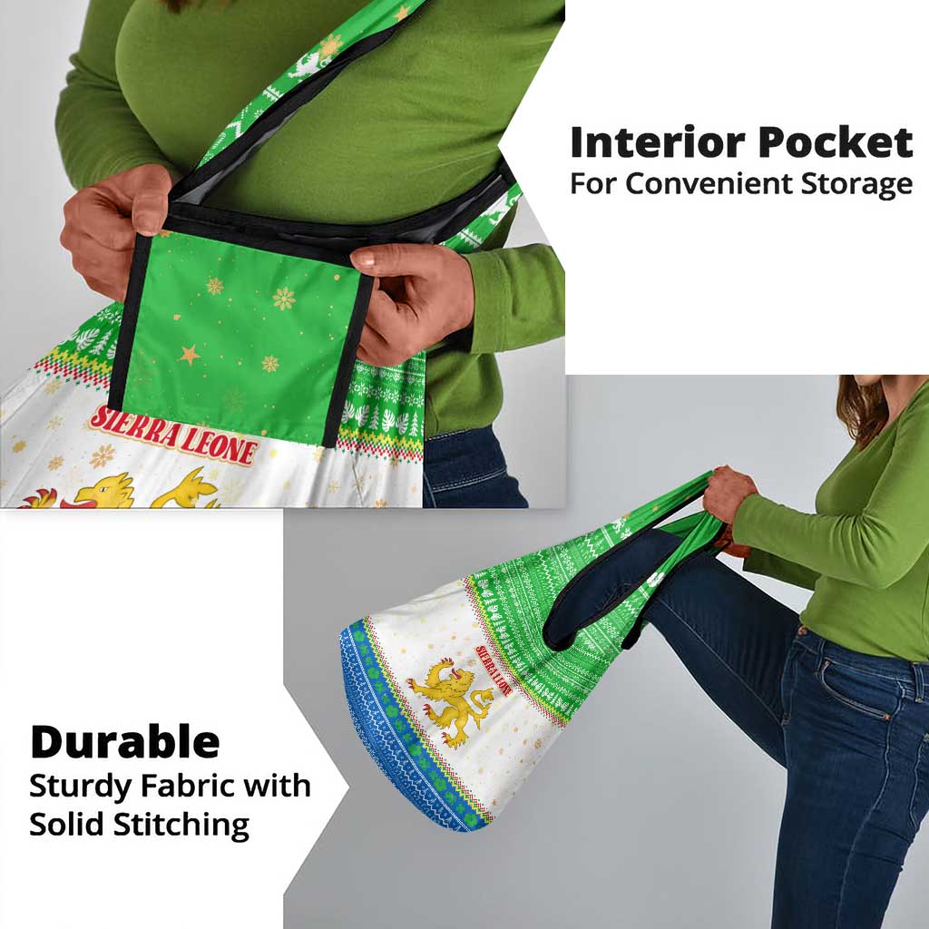 Sierra Leone Christmas Grocery Bag Festive Pattern Golden Lion Emblem and Santa Sleigh - African Pride