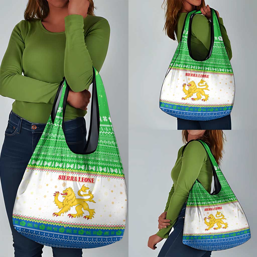 Sierra Leone Christmas Grocery Bag Festive Pattern Golden Lion Emblem and Santa Sleigh - African Pride