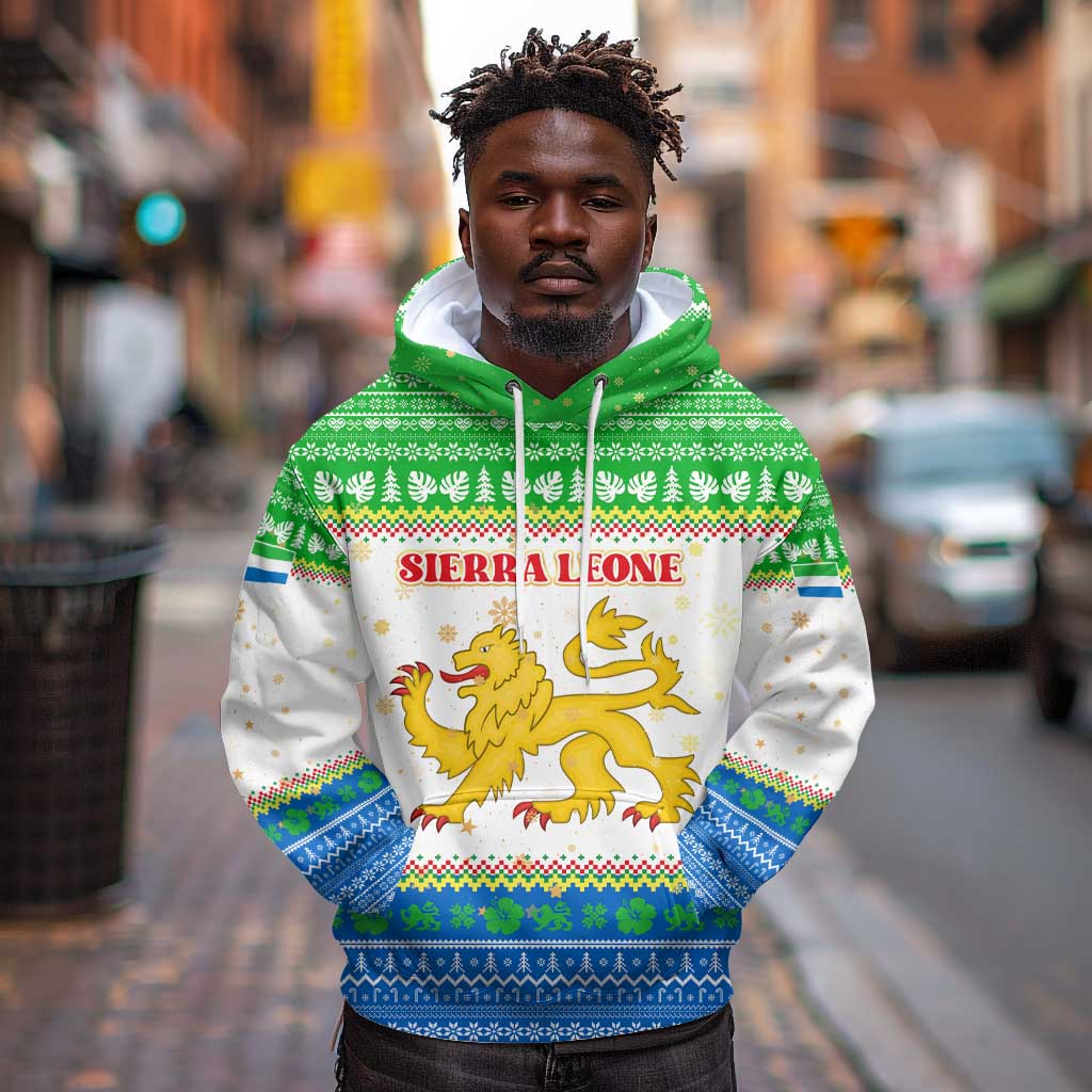 Sierra Leone Christmas Hoodie Festive Pattern Golden Lion Emblem and Santa Sleigh - African Pride