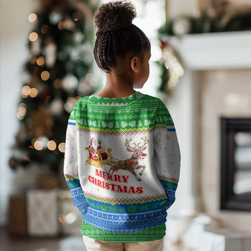 Sierra Leone Christmas Kid Ugly Christmas Sweater Festive Pattern Golden Lion Emblem and Santa Sleigh - African Pride