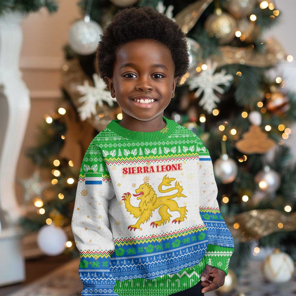 Sierra Leone Christmas Kid Ugly Christmas Sweater Festive Pattern Golden Lion Emblem and Santa Sleigh - African Pride