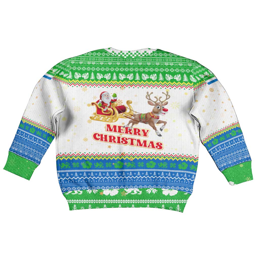 Sierra Leone Christmas Kid Ugly Christmas Sweater Festive Pattern Golden Lion Emblem and Santa Sleigh - African Pride