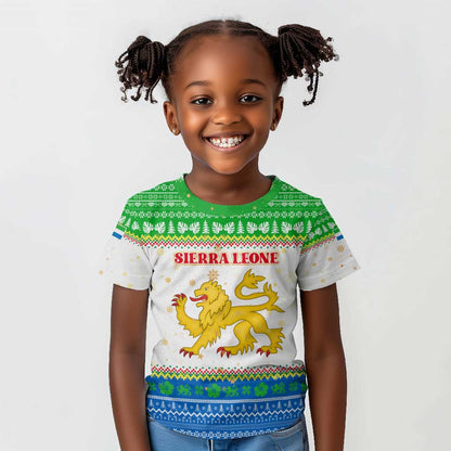 Sierra Leone Christmas Kid T shirt Festive Pattern Golden Lion Emblem and Santa Sleigh - African Pride