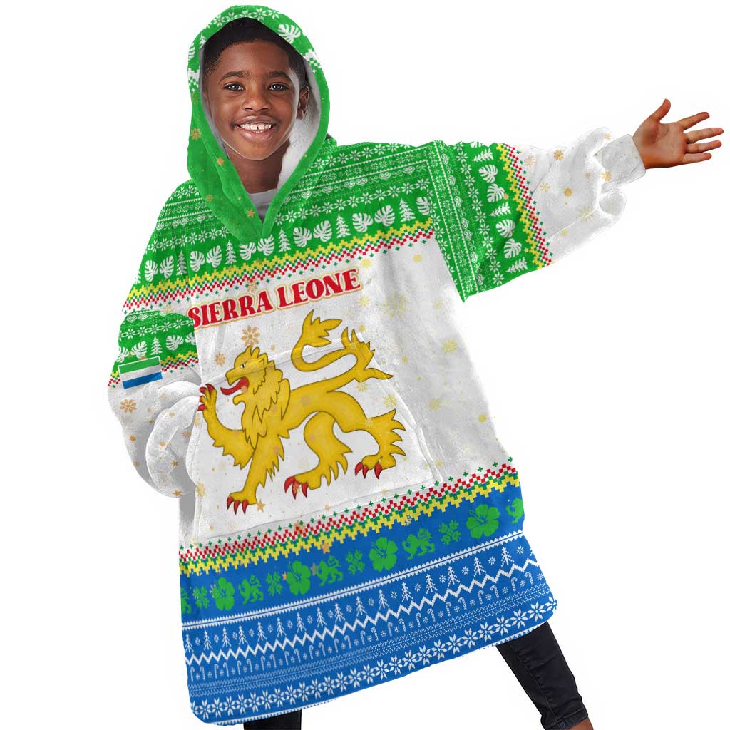 Sierra Leone Christmas Kid Wearable Blanket Hoodie Festive Pattern Golden Lion Emblem and Santa Sleigh - African Pride