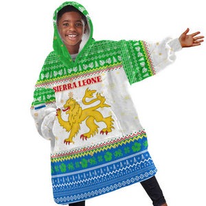 Sierra Leone Christmas Kid Wearable Blanket Hoodie Festive Pattern Golden Lion Emblem and Santa Sleigh - African Pride