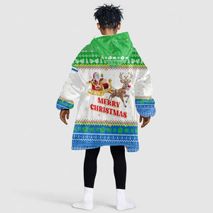 Sierra Leone Christmas Kid Wearable Blanket Hoodie Festive Pattern Golden Lion Emblem and Santa Sleigh - African Pride